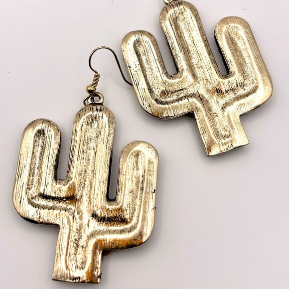 Brown Crystal Beaded Leopard Animal Print Saguaro Cactus Western Dangle Earrings - Picture 4 of 5